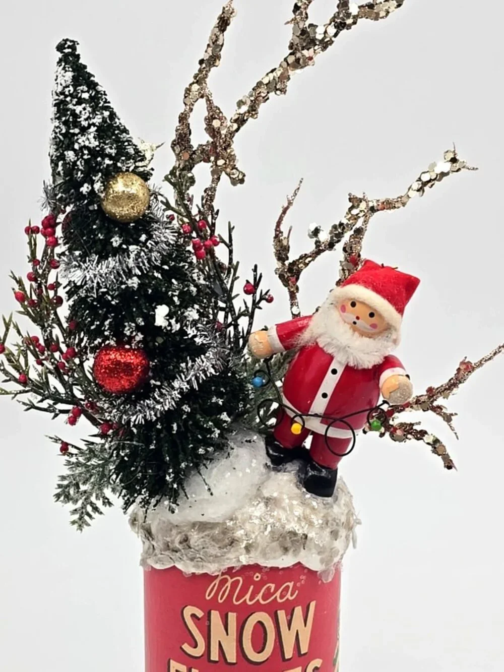 OOAK Christmas Assemblage Art Vtg Kitschy Bottle Brush Tree Wooden Santa Mica